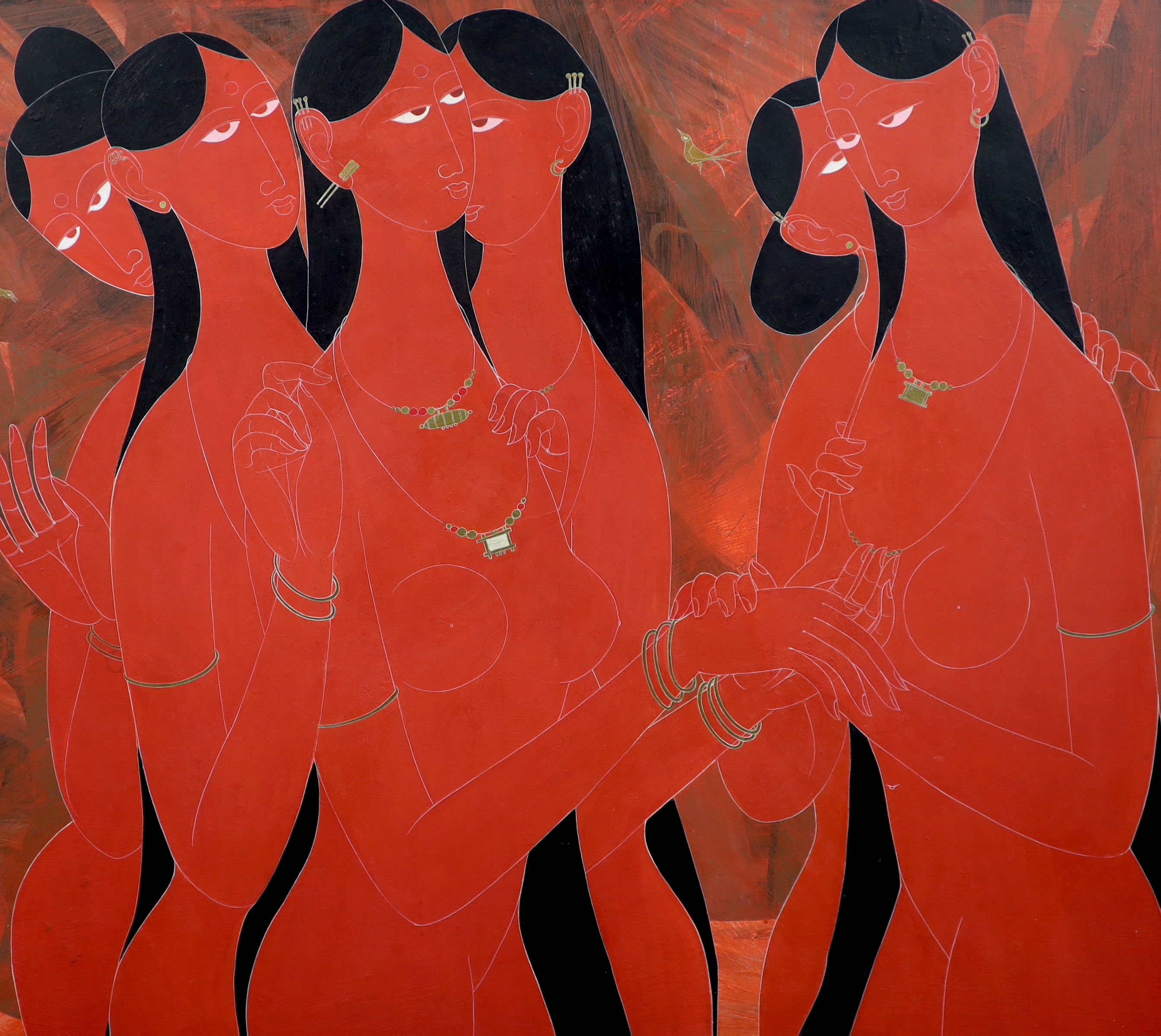 Rasik Dugashanker Raval (Indian, 1928-1980), Six standing women, acrylic on board, 80 x 90cm